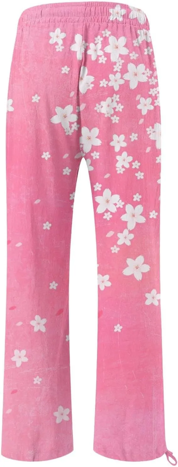 Women's Boho Tropical Print Wide Leg Pants Womens Cotton Casual Loose Pants Comfy Work Casual Wide Leg Long Lounge