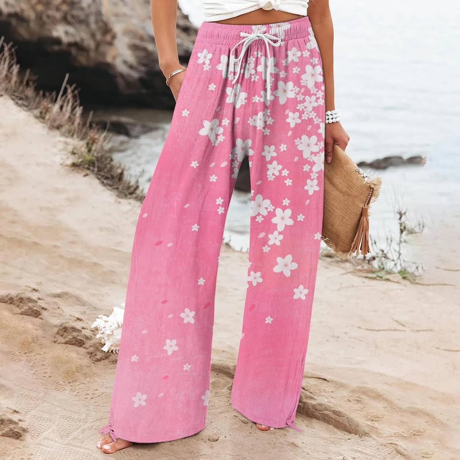 Women's Boho Tropical Print Wide Leg Pants Womens Cotton Casual Loose Pants Comfy Work Casual Wide Leg Long Lounge