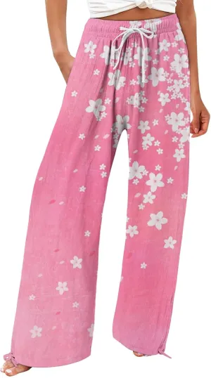 Women's Boho Tropical Print Wide Leg Pants Womens Cotton Casual Loose Pants Comfy Work Casual Wide Leg Long Lounge