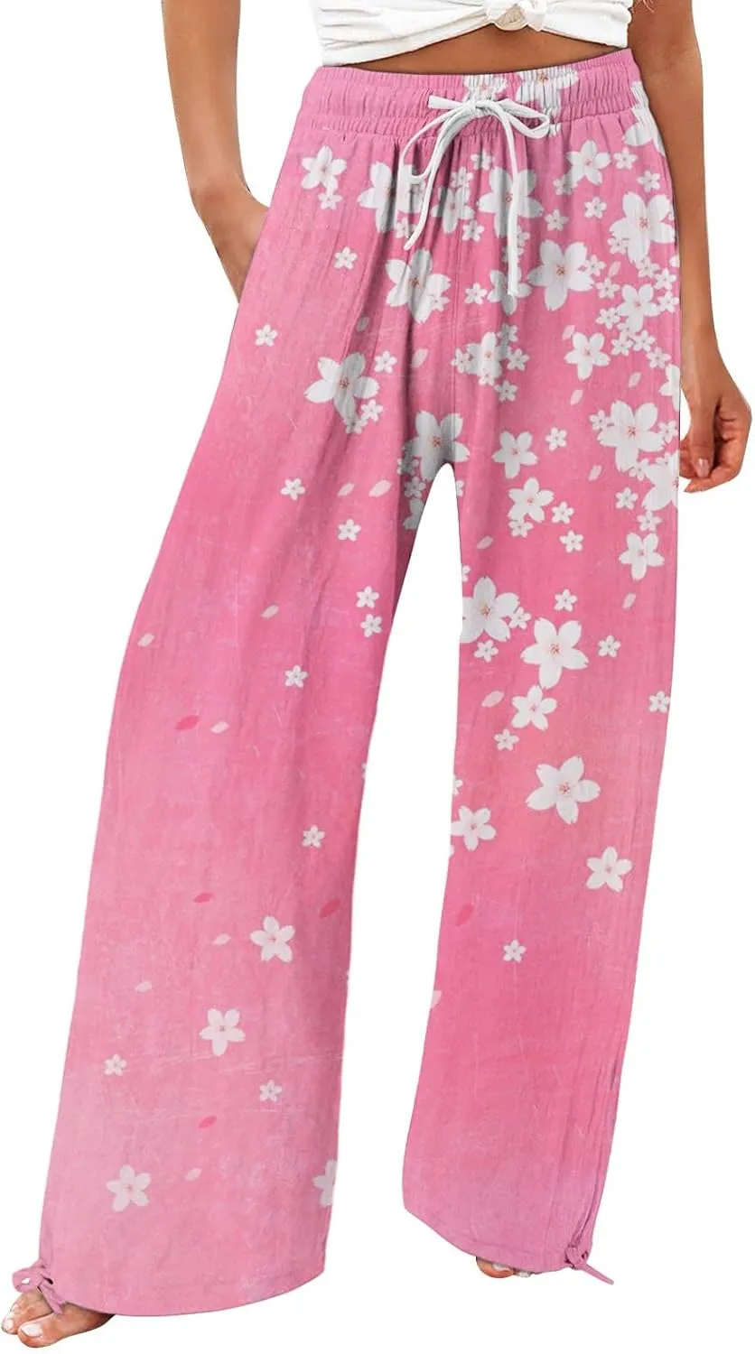 Women's Boho Tropical Print Wide Leg Pants Womens Cotton Casual Loose Pants Comfy Work Casual Wide Leg Long Lounge