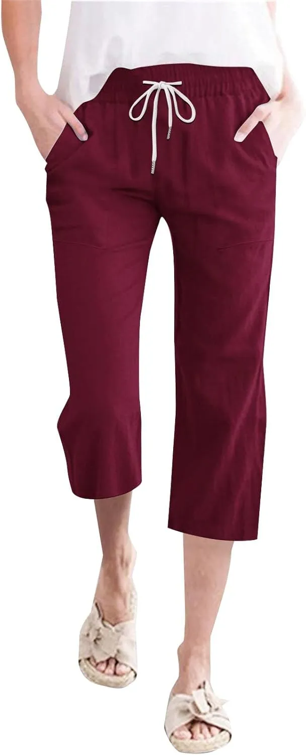 Womens Capri Pants Drawstring Elastic Waist Linen Pant Straight Wide Leg Cropped Pants Trouser with Pockets