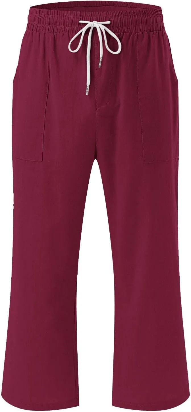 Womens Capri Pants Drawstring Elastic Waist Linen Pant Straight Wide Leg Cropped Pants Trouser with Pockets