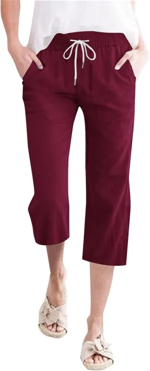 Womens Capri Pants Drawstring Elastic Waist Linen Pant Straight Wide Leg Cropped Pants Trouser with Pockets