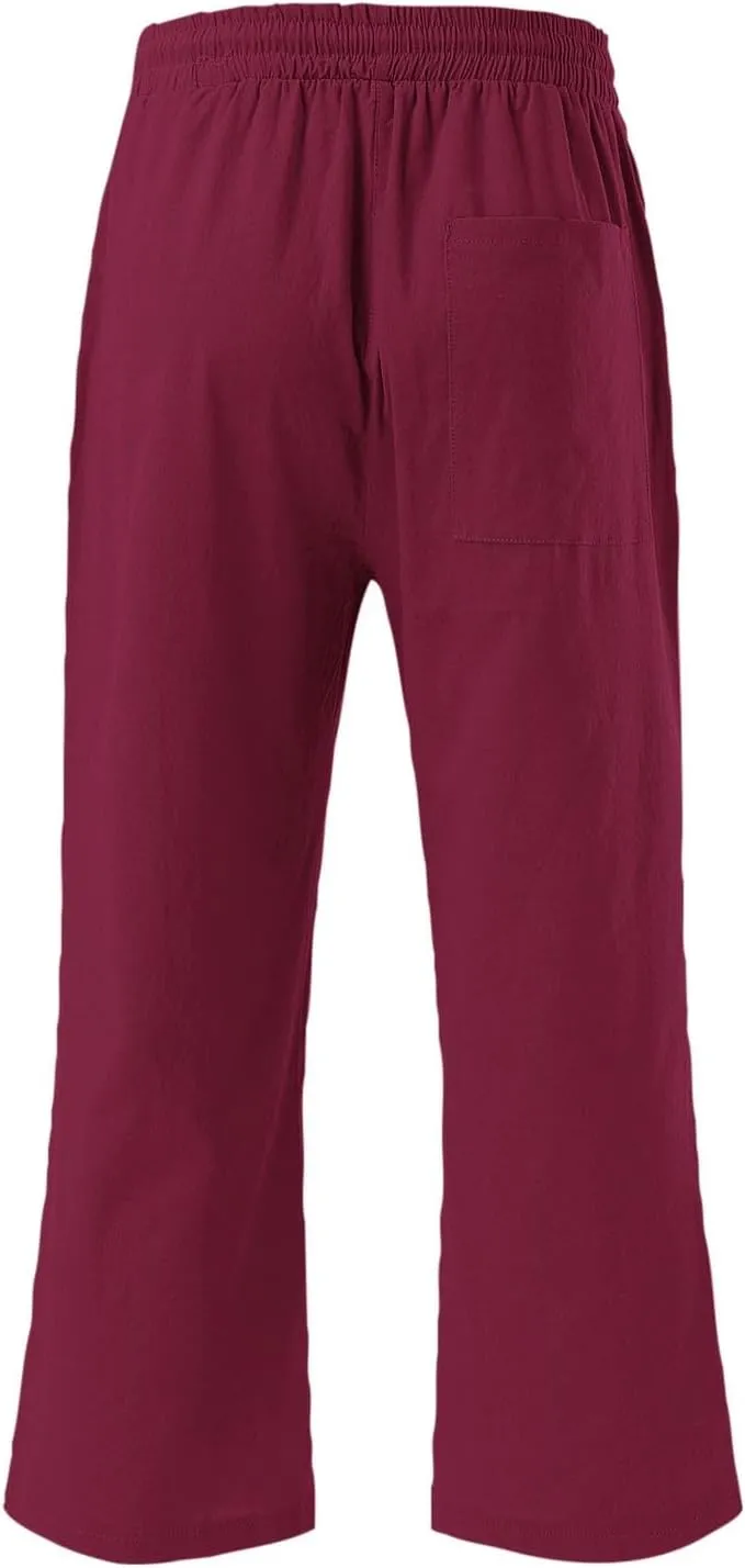 Womens Capri Pants Drawstring Elastic Waist Linen Pant Straight Wide Leg Cropped Pants Trouser with Pockets