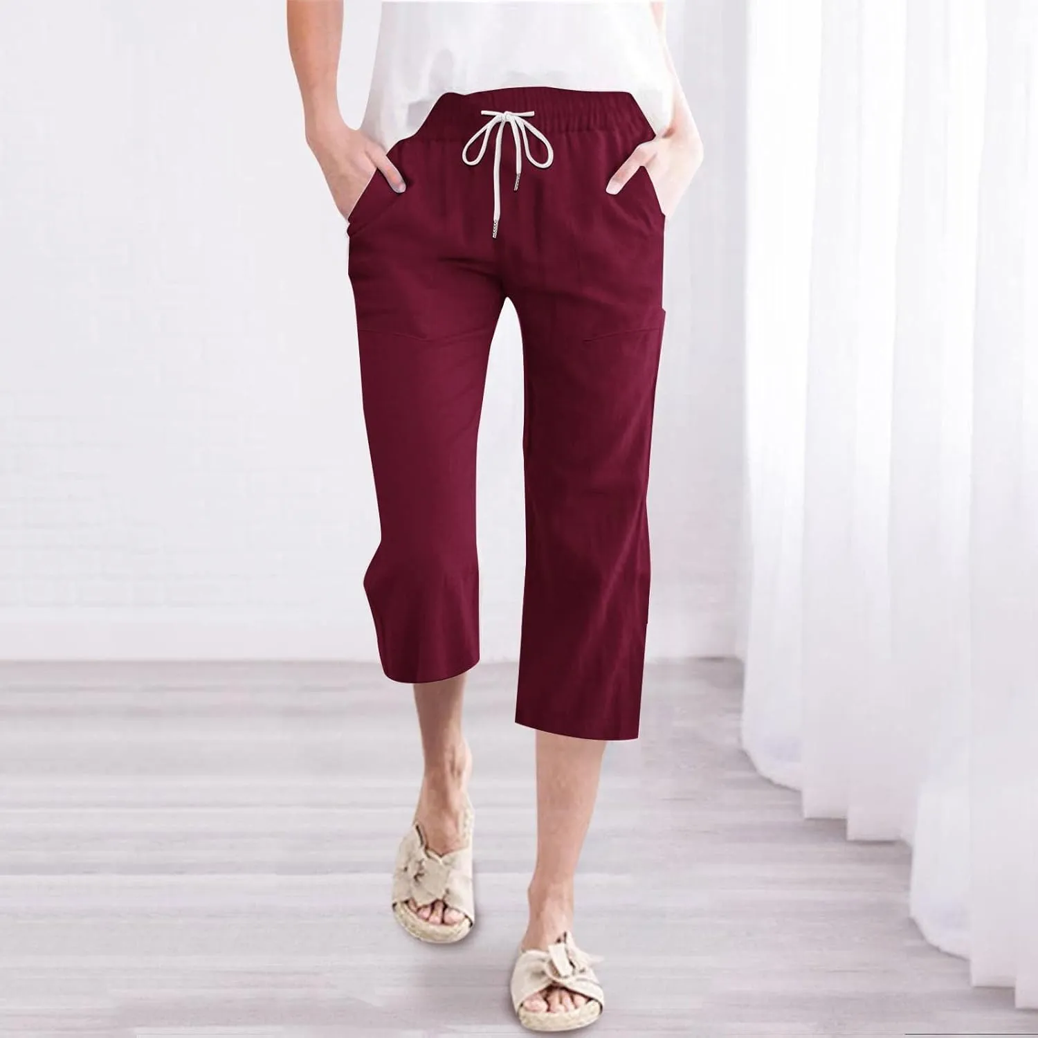 Womens Capri Pants Drawstring Elastic Waist Linen Pant Straight Wide Leg Cropped Pants Trouser with Pockets