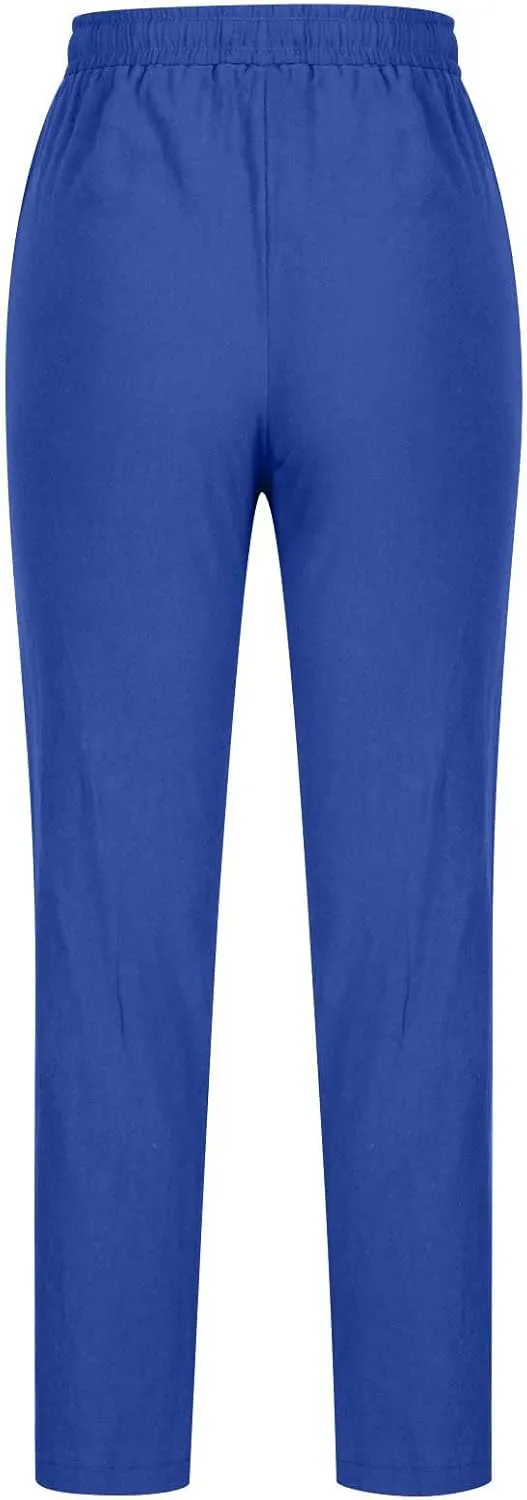 Womens Casual Cotton Linen Pants Lightweight Summer Relaxed Elastic Waist Loose Solid Drawstring Lounge Long Trousers