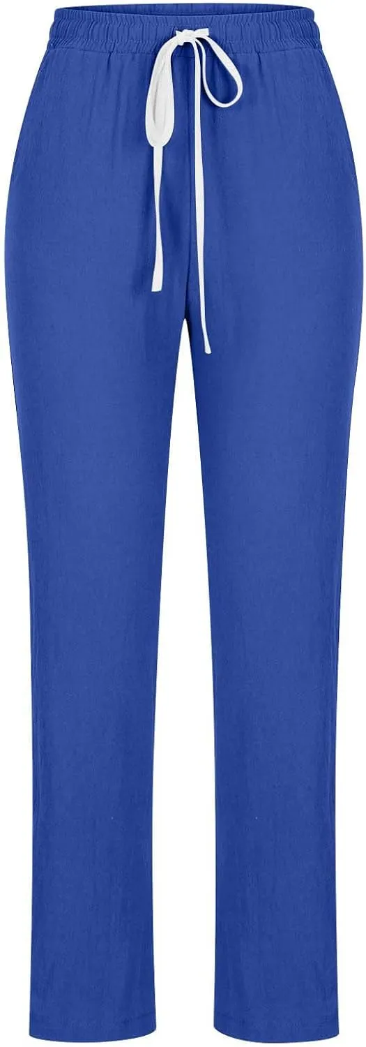 Womens Casual Cotton Linen Pants Lightweight Summer Relaxed Elastic Waist Loose Solid Drawstring Lounge Long Trousers