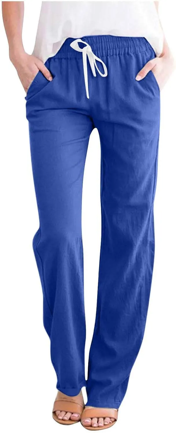 Womens Casual Cotton Linen Pants Lightweight Summer Relaxed Elastic Waist Loose Solid Drawstring Lounge Long Trousers
