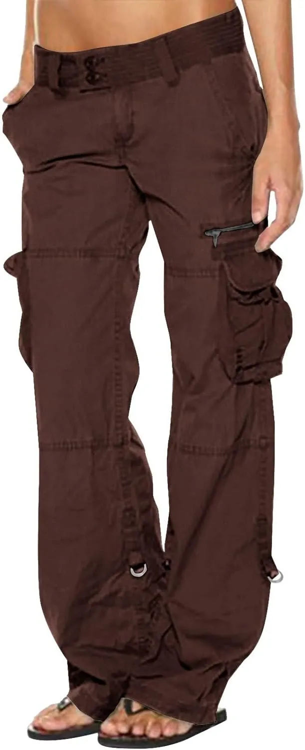 Womens Elastic High Waisted Cargo Pants Casual Relaxed Fit Multi Pockets Work Pants Trendy Y2K Streetwear Trousers