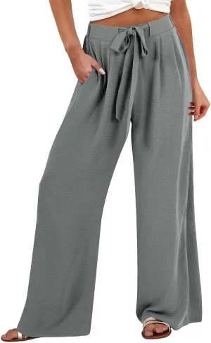 Women's Linen Palazzo Pants High Waist Wide Leg Flowy Pants Summer Beach Vacation Clothes Casual Loose Fit Outfits