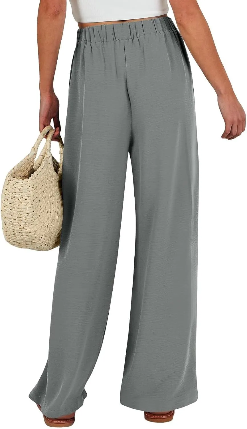 Women's Linen Palazzo Pants High Waist Wide Leg Flowy Pants Summer Beach Vacation Clothes Casual Loose Fit Outfits