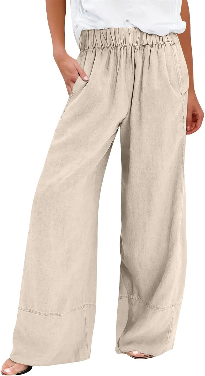 Womens Linen Pants Summer Cotton High Waist Palazzo Pants Baggy Casual Relaxed Fit Flowy Boho Beach Trousers Pockets