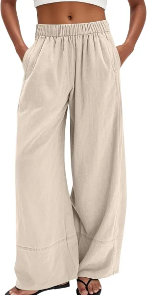 Womens Linen Pants Summer Cotton High Waist Palazzo Pants Baggy Casual Relaxed Fit Flowy Boho Beach Trousers Pockets