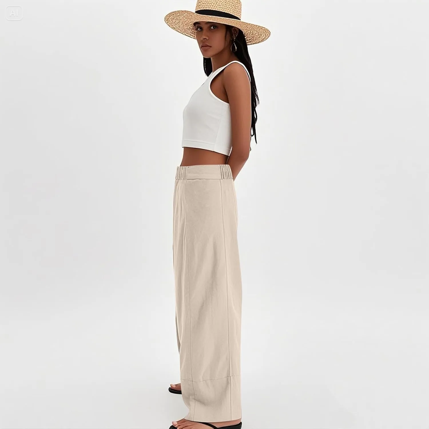Womens Linen Pants Summer Cotton High Waist Palazzo Pants Baggy Casual Relaxed Fit Flowy Boho Beach Trousers Pockets