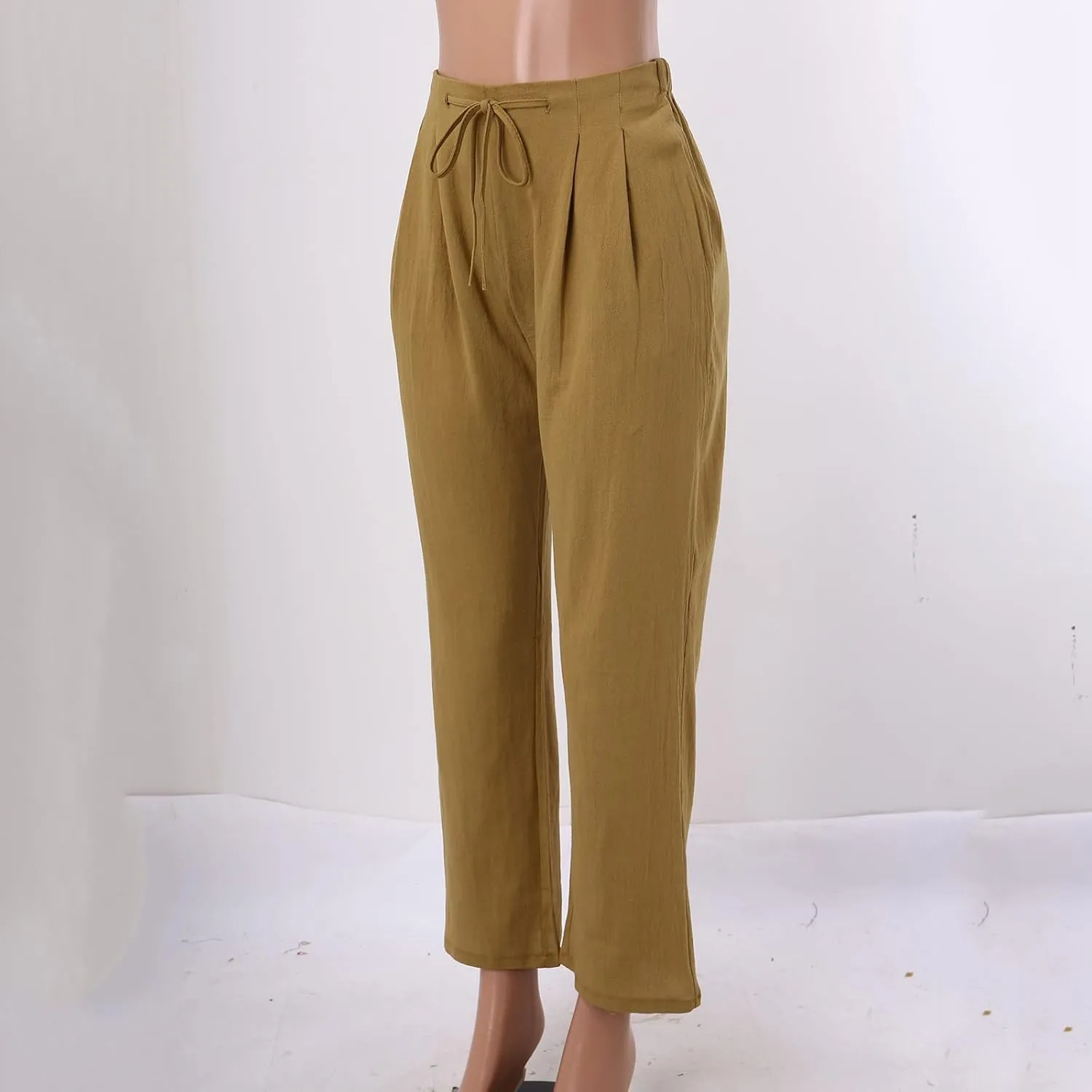 Womens Linen Wide Leg Pants and Straight Solid Elastic Pants Long Drawstring Women Waist Casual Wide Leg Palazzo