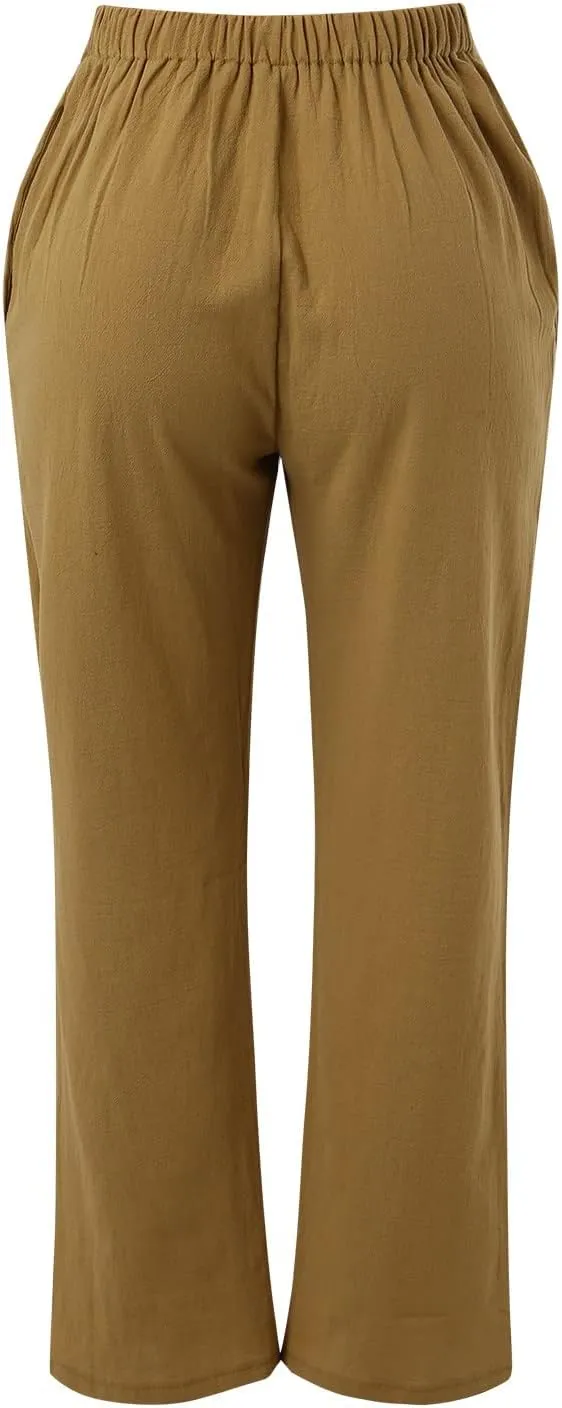 Womens Linen Wide Leg Pants and Straight Solid Elastic Pants Long Drawstring Women Waist Casual Wide Leg Palazzo
