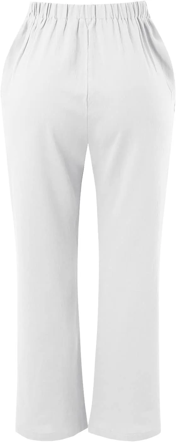 Womens Linen Wide Leg Pants and Straight Solid Elastic Pants Long Drawstring Women Waist Casual Wide Leg Palazzo