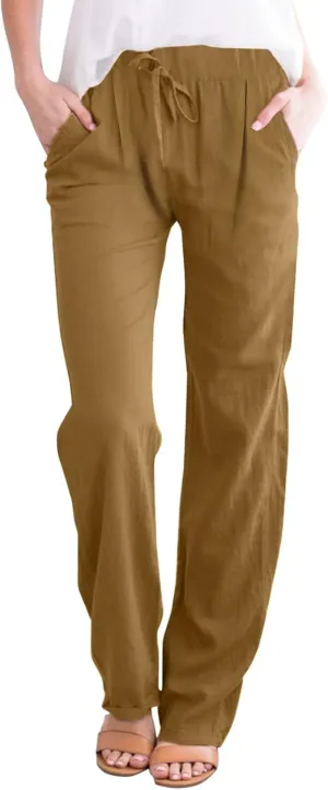 Womens Linen Wide Leg Pants and Straight Solid Elastic Pants Long Drawstring Women Waist Casual Wide Leg Palazzo
