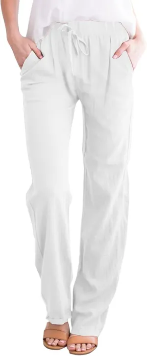 Womens Linen Wide Leg Pants and Straight Solid Elastic Pants Long Drawstring Women Waist Casual Wide Leg Palazzo
