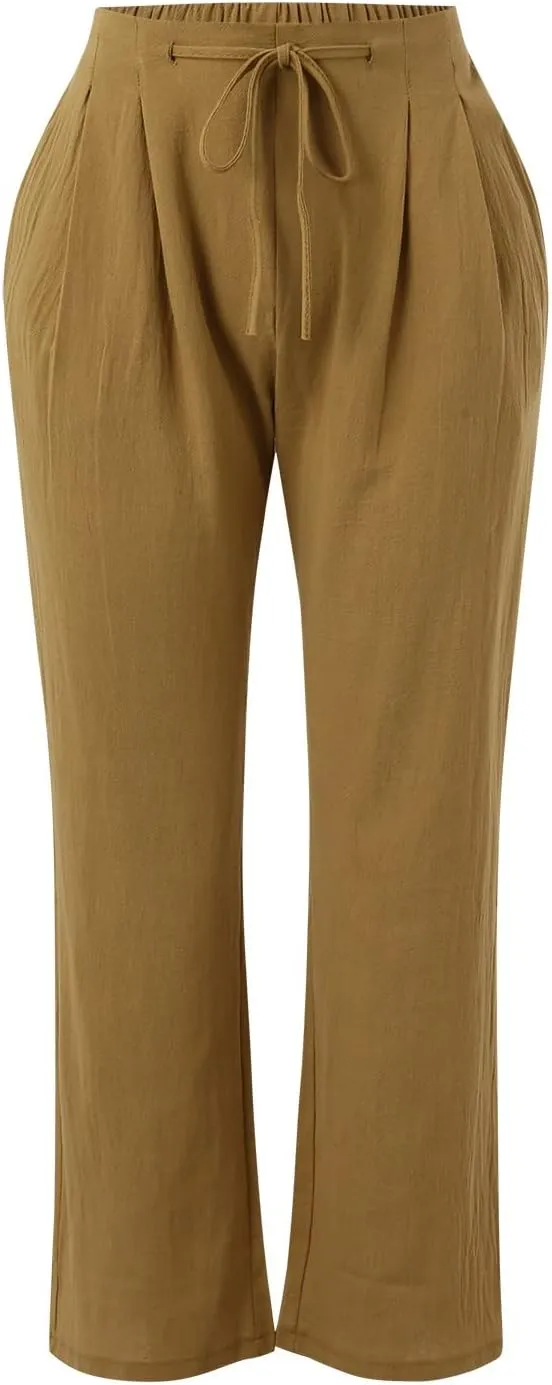 Womens Linen Wide Leg Pants and Straight Solid Elastic Pants Long Drawstring Women Waist Casual Wide Leg Palazzo