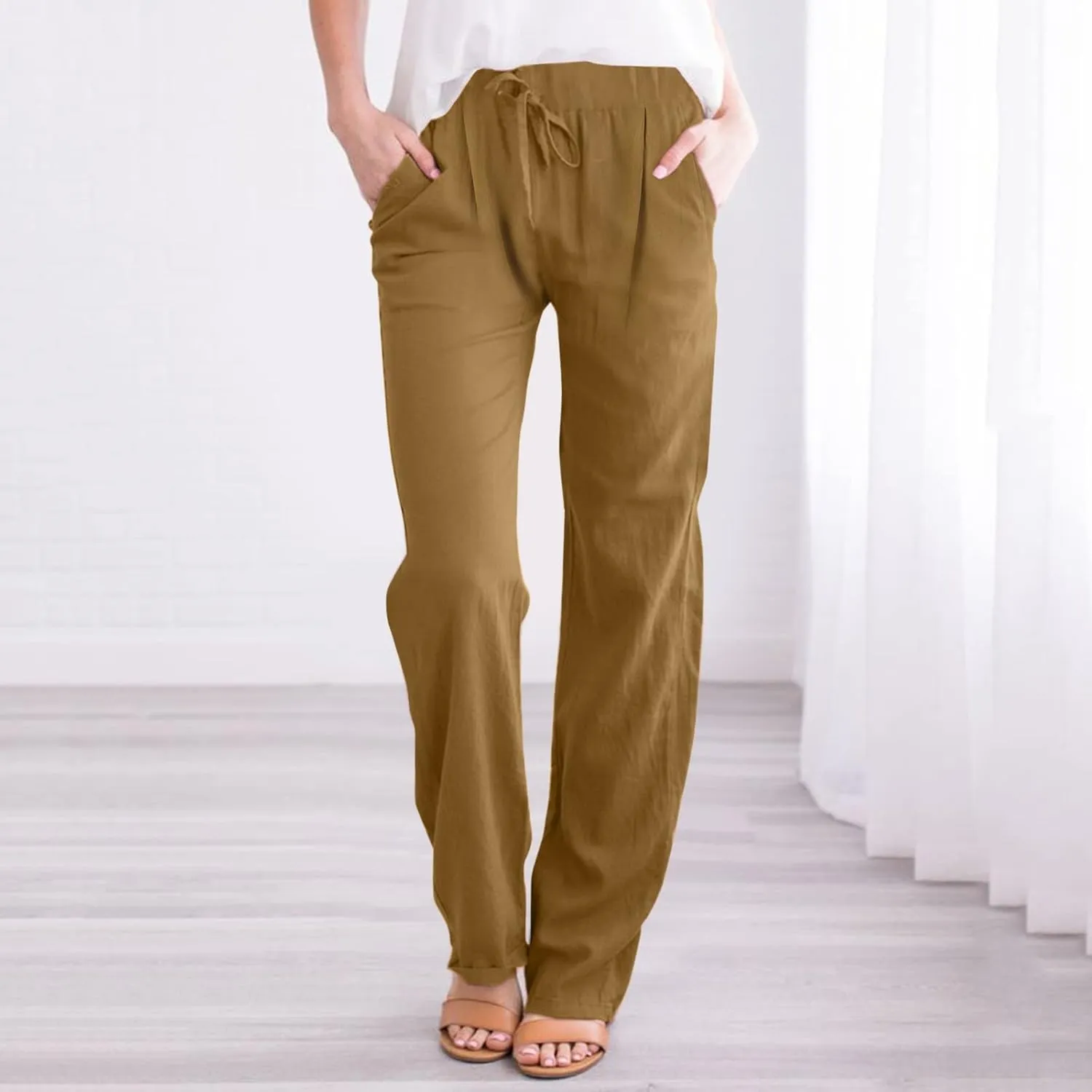 Womens Linen Wide Leg Pants and Straight Solid Elastic Pants Long Drawstring Women Waist Casual Wide Leg Palazzo