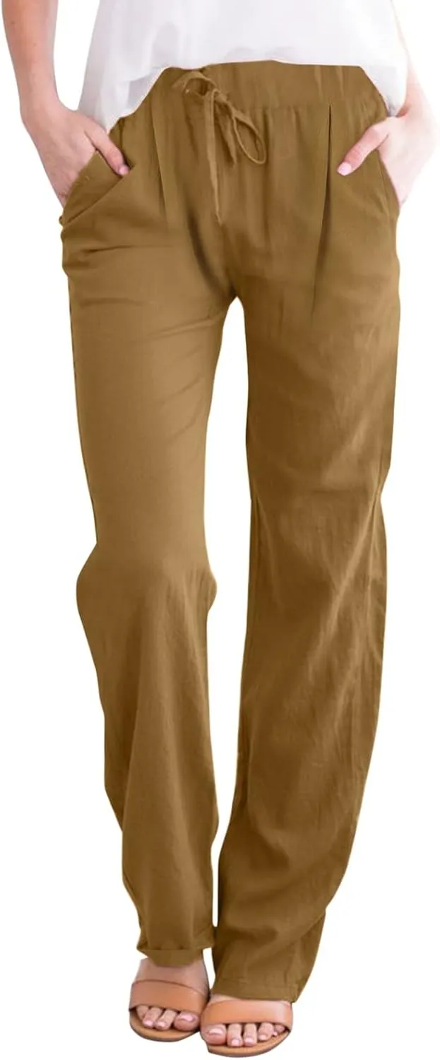 Womens Linen Wide Leg Pants and Straight Solid Elastic Pants Long Drawstring Women Waist Casual Wide Leg Palazzo