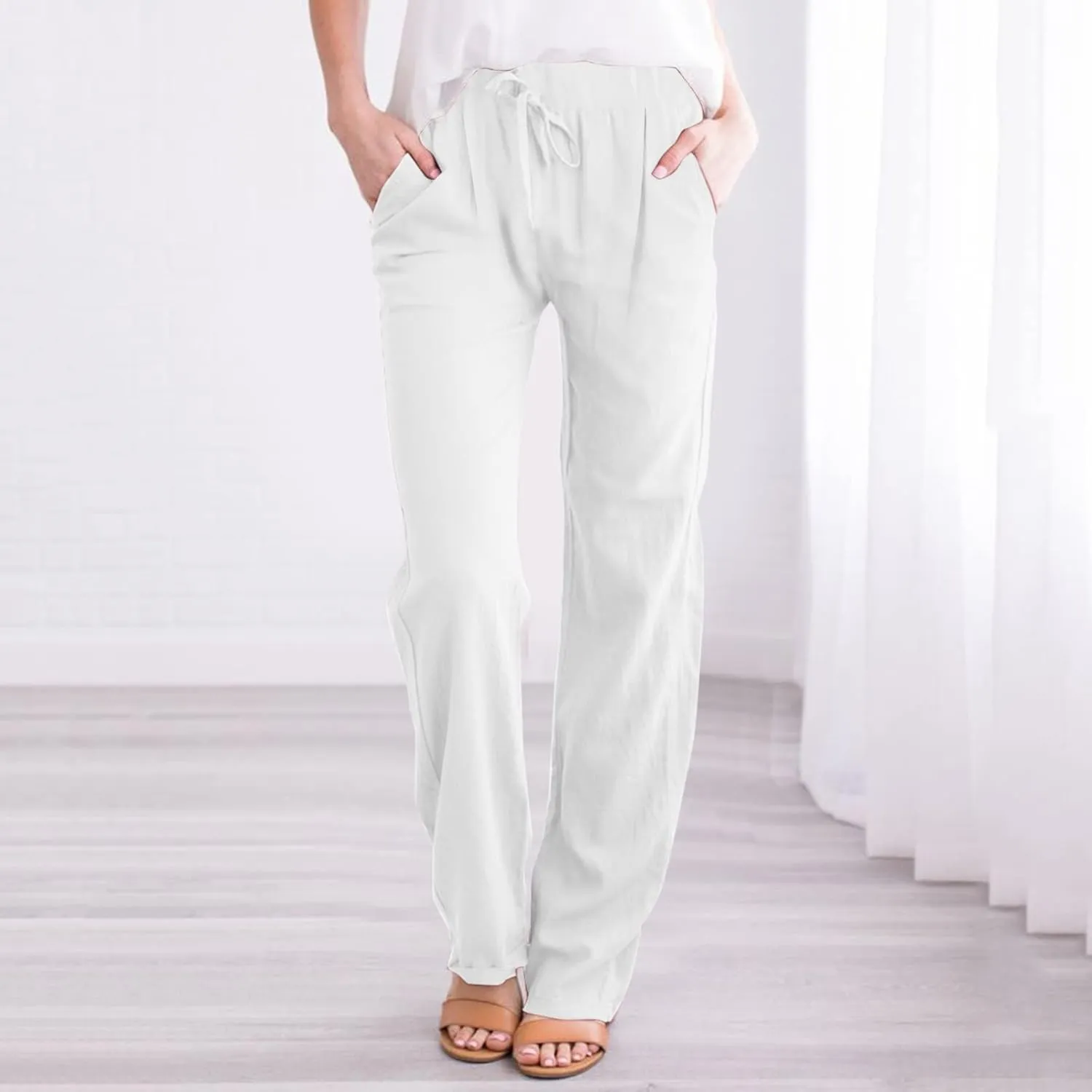 Womens Linen Wide Leg Pants and Straight Solid Elastic Pants Long Drawstring Women Waist Casual Wide Leg Palazzo