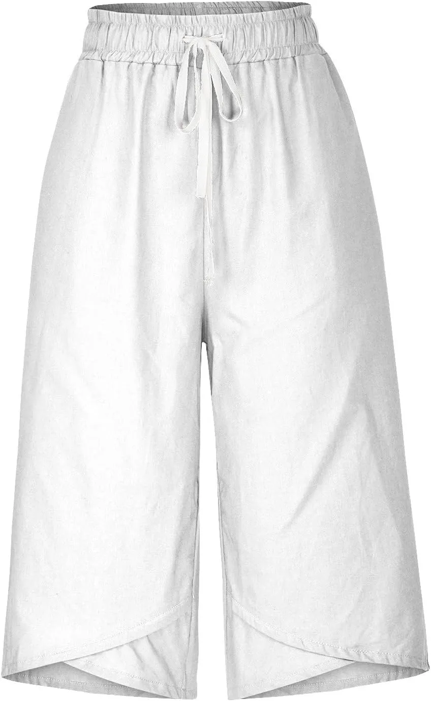 Women's Plus Size Drawstring Solid Linen Casual Relaxed Capri Pants - Loose Elastic Waist Summer Versatile Trousers