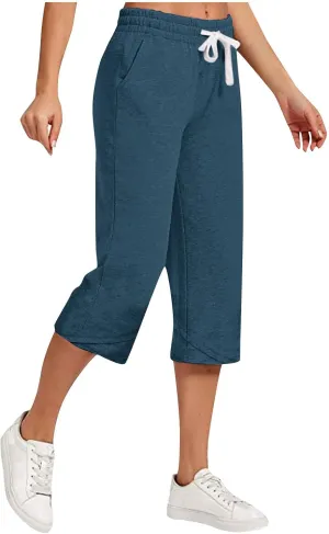 Women's Plus Size Drawstring Solid Linen Casual Relaxed Capri Pants - Loose Elastic Waist Summer Versatile Trousers