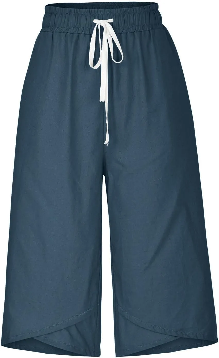 Women's Plus Size Drawstring Solid Linen Casual Relaxed Capri Pants - Loose Elastic Waist Summer Versatile Trousers