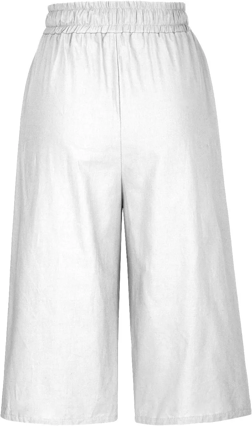 Women's Plus Size Drawstring Solid Linen Casual Relaxed Capri Pants - Loose Elastic Waist Summer Versatile Trousers