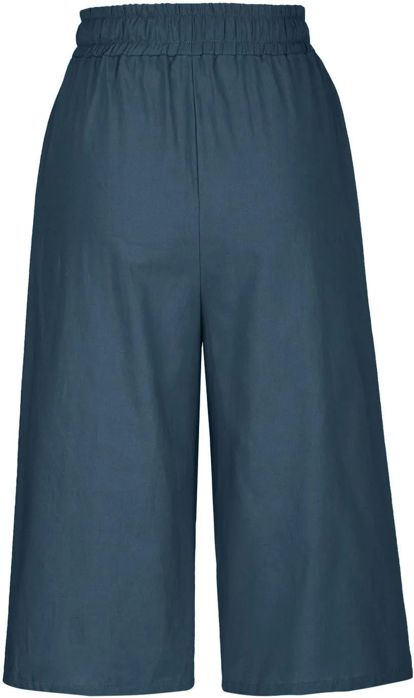 Women's Plus Size Drawstring Solid Linen Casual Relaxed Capri Pants - Loose Elastic Waist Summer Versatile Trousers