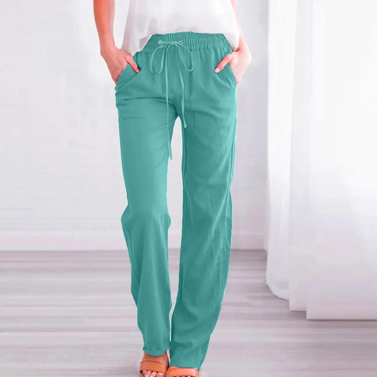 Womens Wide Leg Linen Pants Trendy Casual High Waisted 2025 Summer Palazzo Pants Trousers with Pockets